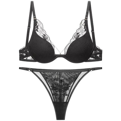 Elegant French Satin Lace Bra & Thong Lingerie Set for Women