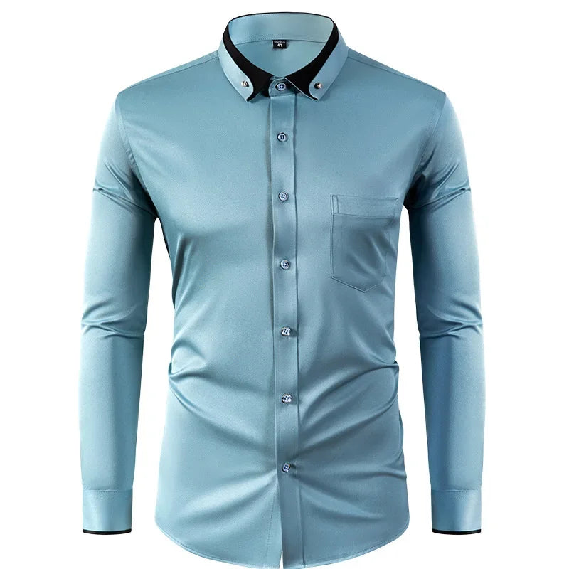 Men’s Slim Fit Elastic Shirt with Contrast Collar & Diamond Buckle