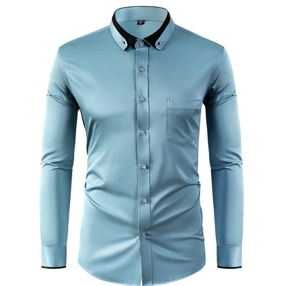 Men’s Slim Fit Elastic Shirt with Contrast Collar & Diamond Buckle