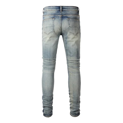 Skinny Streetwear Denim Men's Distressed Patchwork Biker Jeans