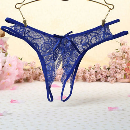 Midnight Lace Bow Open-Back Thong for Women