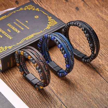Men's Vintage Multi-Layer Leather Cross & Tiger Eye Bracelet