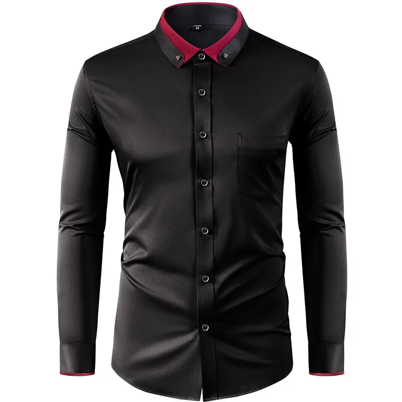 Men’s Slim Fit Elastic Shirt with Contrast Collar & Diamond Buckle