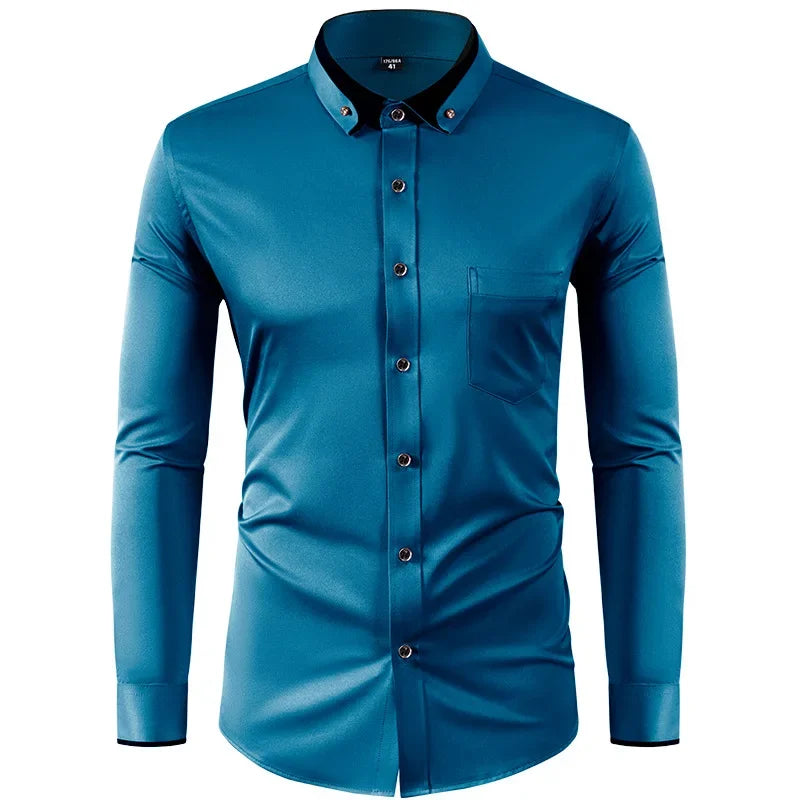 Men’s Slim Fit Elastic Shirt with Contrast Collar & Diamond Buckle