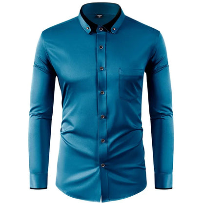 Men’s Slim Fit Elastic Shirt with Contrast Collar & Diamond Buckle