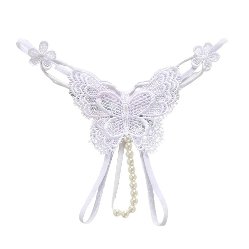 Noir Butterfly Pearl-Accent Lace G-String for Women