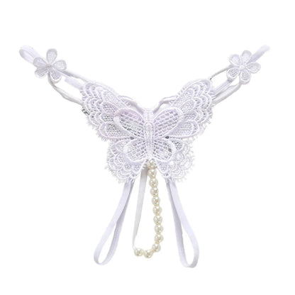 Noir Butterfly Pearl-Accent Lace G-String for Women