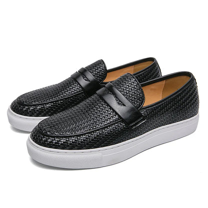 Casual Weave Pattern Flat Men’s Slip-On Leather Loafers