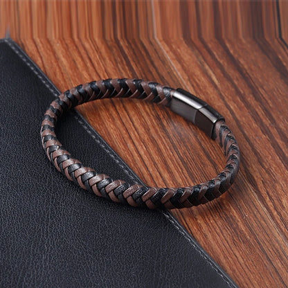Men's Hand-Braided Leather Bracelet with Stainless Steel Magnetic Clasp
