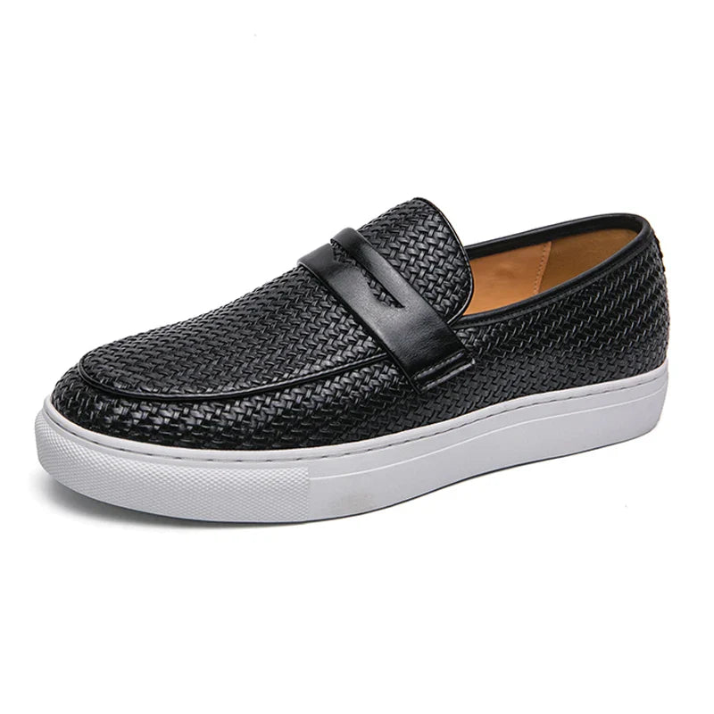 Casual Weave Pattern Flat Men’s Slip-On Leather Loafers