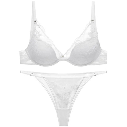 Elegant French Satin Lace Bra & Thong Lingerie Set for Women