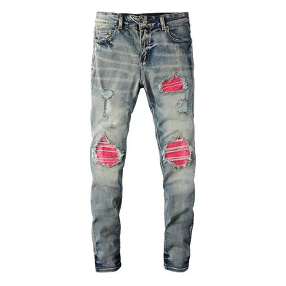 Skinny Streetwear Denim Men's Distressed Patchwork Biker Jeans