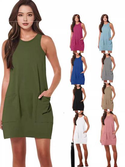 Womens Sleeveless Midi Dress with Pockets