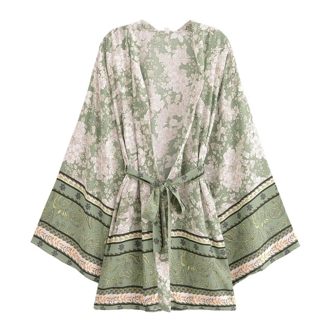 Women's Floral Print Short Kimono with Belt