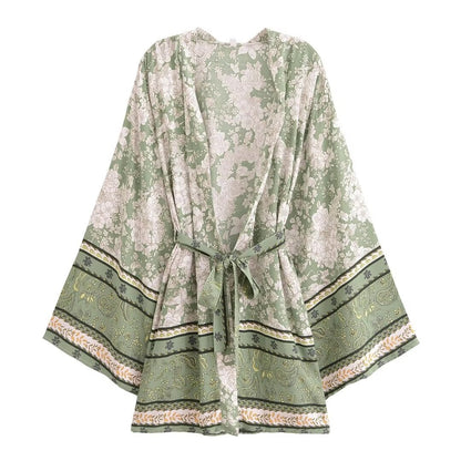 Women's Floral Print Short Kimono with Belt