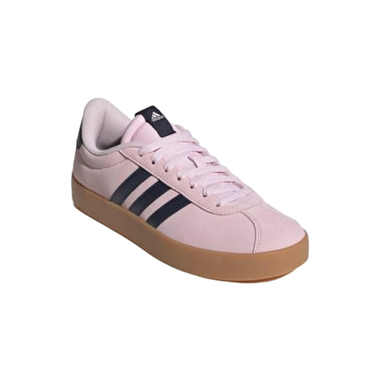 Pink Adidas sneaker with black stripes on a white background