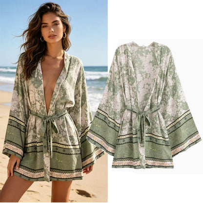Women's Floral Print Short Kimono with Belt