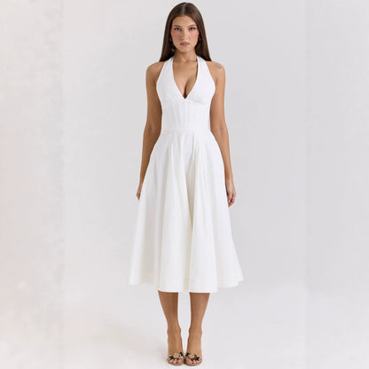 Halter Neck Backless Drawstring Tie Dress
