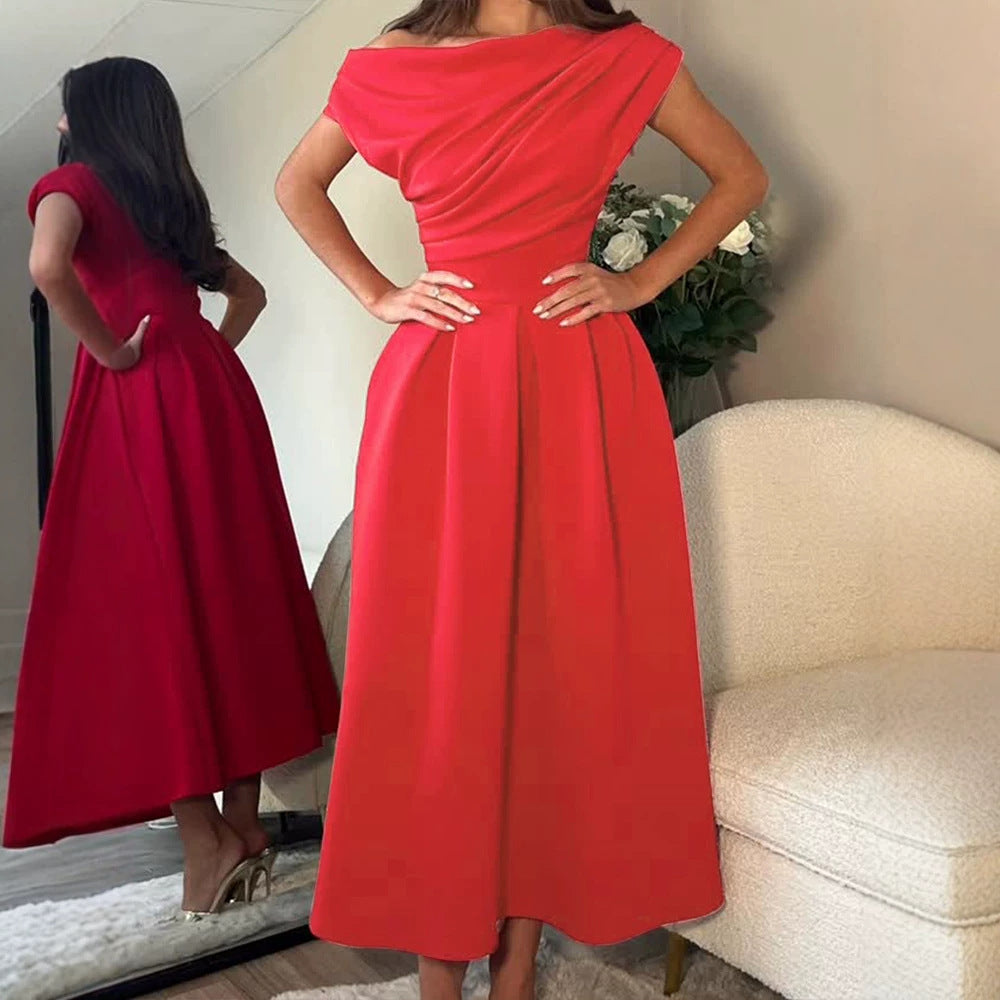 Elegant Diagonal Collar Waist-Cinching Dress